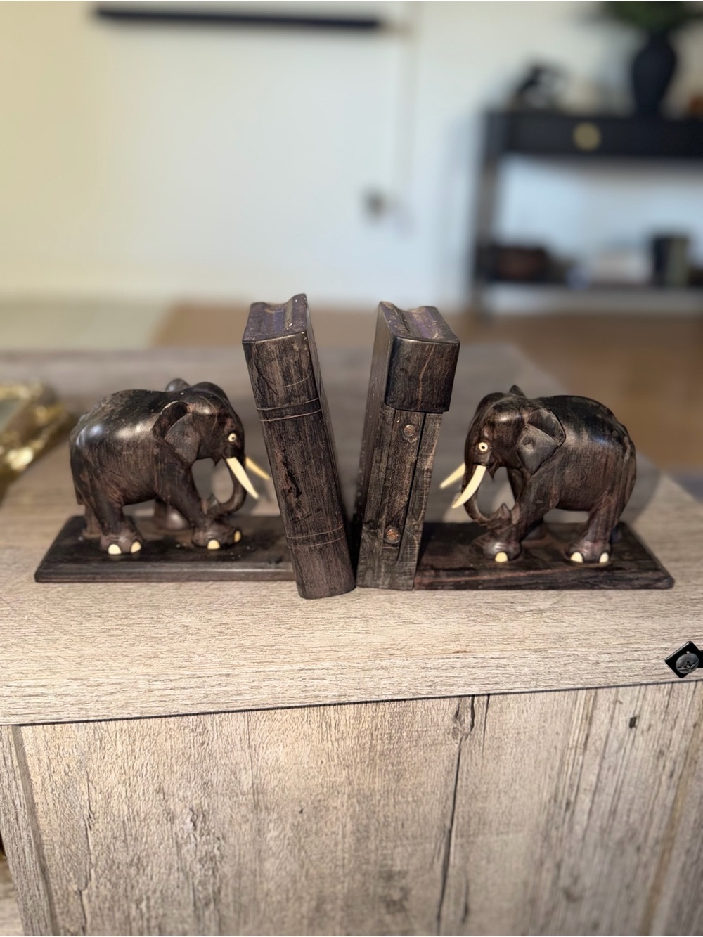 Hand-Carved Wooden Elephant Bookends - Dark Brown